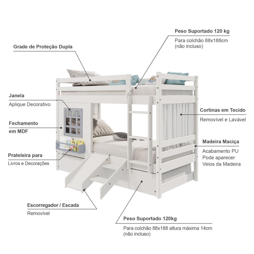 Treliche Infantil com Janela Escorregador e Cortina Madeira Maciça Branco/ Cinza Housin - 4