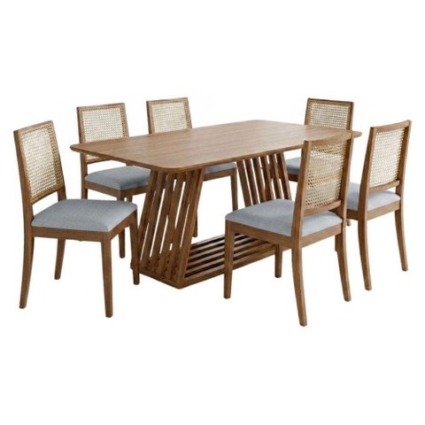 Mesa de Jantar Pitaia com 6 Cadeiras Estofadas Carambola Linho Cinza Natuem