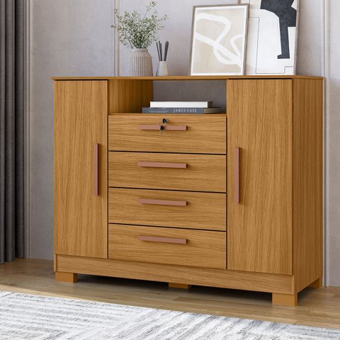 Cômoda Sapateira Rack para Quarto 2 Portas 4 Gavetas Madri Carvalho Americano