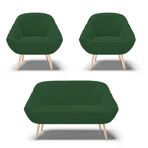 Kit 01 Namoradeira 02 Lugares e 02 Poltronas Giovana Veludo Verde Pés Palito Natural - D’Rossi