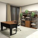 Ver imagem 1 de Escritório Completo Mesa em L Cadeira e Estantes Industriais Cor:nogal com Preto