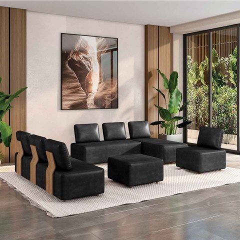 Sofá Liphis Sala de Estar Modulado Moderno Pés de Madeira Pu Preto G45 - Gran Belo