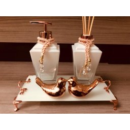 Kit Lavabo Rose Gold Branco Sabonete Difusor Enfeite Luxo - 1
