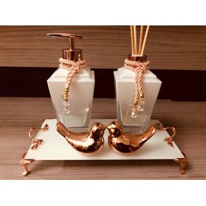 Kit Lavabo Rose Gold Branco Sabonete Difusor Enfeite Luxo