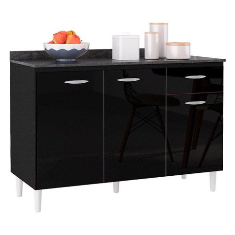 Balcão de Cozinha com Tampo 120 Cm Preto - Poquema