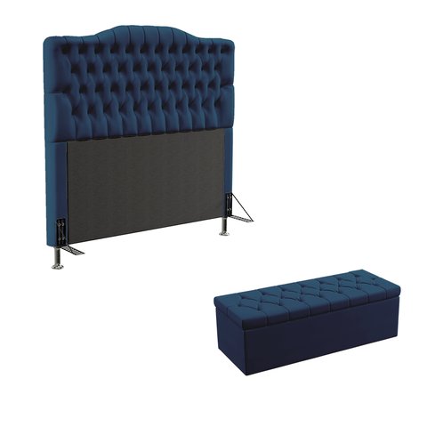 Kit Cabeceira Decorativa Para Cama Box Pollux e Calçadeira Sagitarius 160 Para Cama Queen Sued Azul 