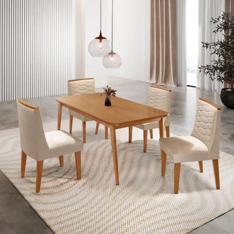 Mesa de Jantar Copper 120cm Tampo MDF com 4 Cadeiras Eloise Veludo Creme/Naturalle/Naturalle