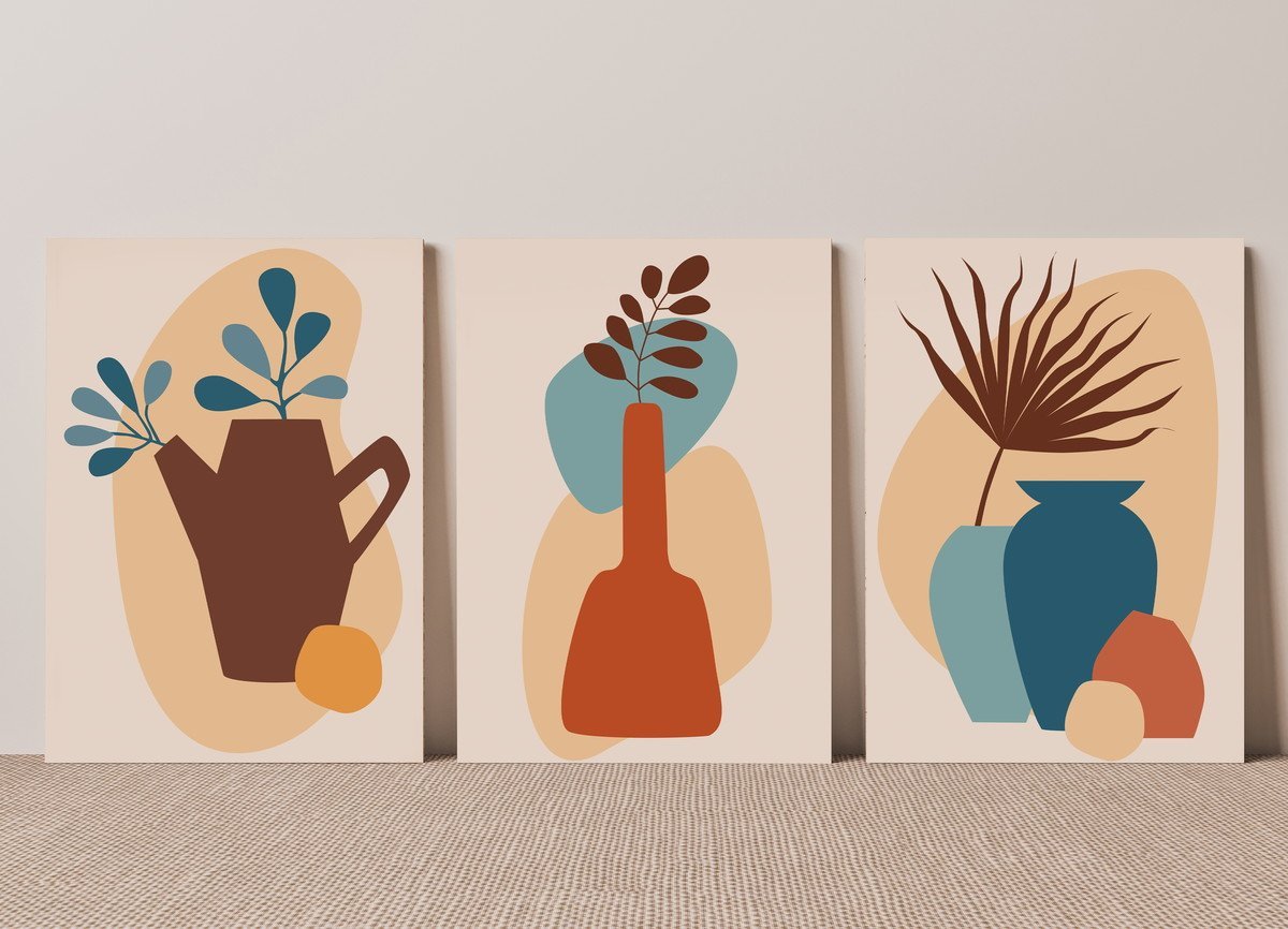Kit de 3 Quadros Decorativos Boho de Vasos Coloridos de Flor - 1