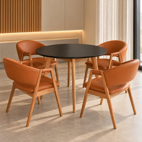Kit Mesa de Jantar Redonda 90cm com 4 Poltronas Estofadas Confortáveis para Ambientes Modernos