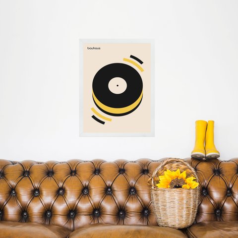 Quadro Bauhaus Preto e Amarelo - Disco Música 24x18cm - com Vidro:moldura Branca
