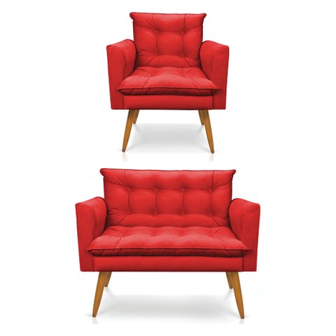 Kit Poltrona e Namoradeira 2 Lugares Olivia Suede Vermelho Pés Palito Castanho - Pallazio