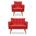 Ver imagem 1 de Kit Poltrona e Namoradeira 2 Lugares Olivia Suede Vermelho Pés Palito Castanho - Pallazio