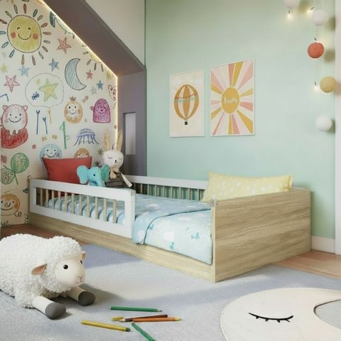 Cama Infantil Solteiro Montessoriana de Chão Afetto com Grades de Proteção Completa Móveis