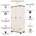 Ver imagem 6 de Guarda Roupa Solteiro Alegra S05 2 Portas de Bater 1 Gaveta MDF e Pinus Off White Nogueira Lyam