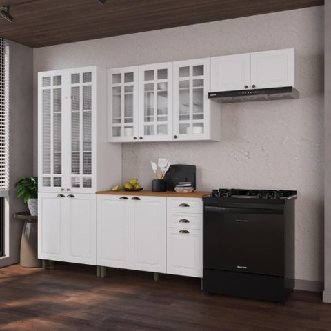Cozinha Compacta Modulada Nara 12 Portas 2 Gavetas MDF Branco Fidelita Móveis