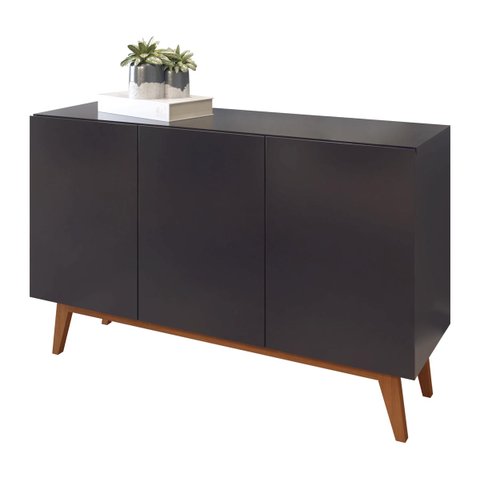 Buffet Aparador 3 Portas MDF com Pés de Madeira Ares Preto
