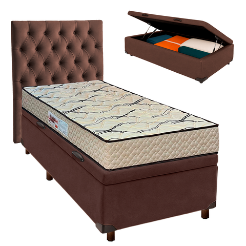 Kit Cabeceira + Cama Box Bau + Colchão Solteiro D33 Maxsono Paropas