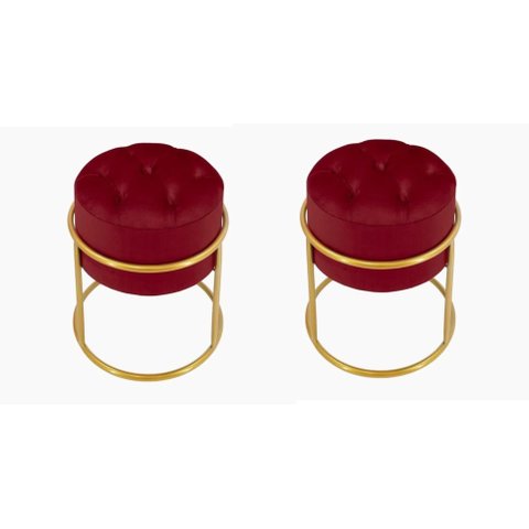 Kit 2 Puff Banqueta Estofado Decorativo Base de Ferro Capitonê Suede Bordo do Lar Móveis e Decoração