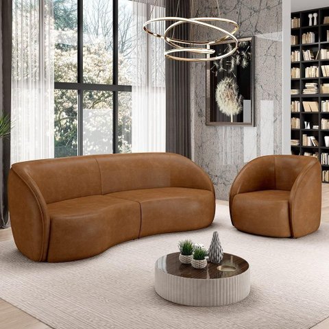 Kit Sofá 4 Lugares Eron 240cm com Poltrona Giratória Angelina M03 Couríssimo Whisky - Lyam Decor
