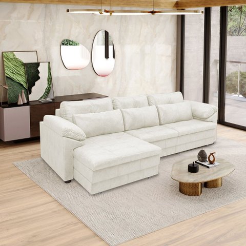 Sofá Retrátil Manual Sala de Estar Nolan Bipartido 257cm Conforto Premium em Couro Branco Manchado G