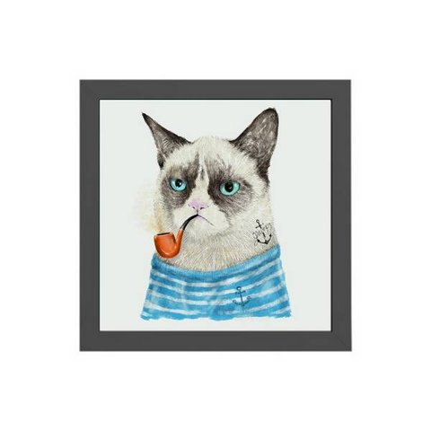 Quadro Quadrado Gatinho Marinheiro 20x20cm:Madeira branca
