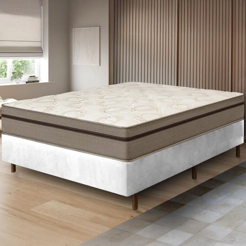 Cama Box Branca + Colchão Casal Bariloche Tabaco Molas Ensacadas One Face 138x188x63cm