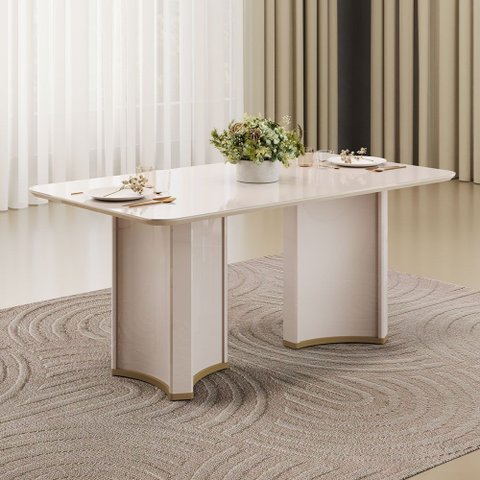 Mesa de Jantar 6 Lugares Retangular Tampo com Vidro 180cm Monet D05 Off White - Lyam Decor