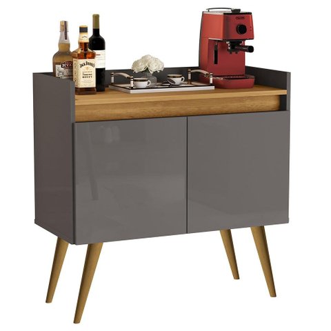 Aparador Buffet Sala Gold 2 Portas com Pés de Madeira Maciça Cinza/mel