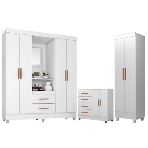 Guarda Roupa Casal Capela Com cômoda 4 Gavetas 2 Porta E armário Multiuso Lite Branco Brilho - M