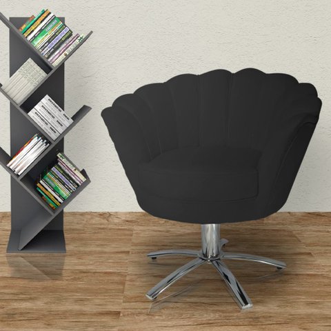 Poltrona Estofada Decorativa 1 Lugar Base Giratória de Metal Pétala Suede Preto - LM DECOR