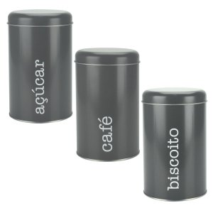 Kit 3 Latas Metal Porta Mantimentos Biscoito, Café e Açúcar