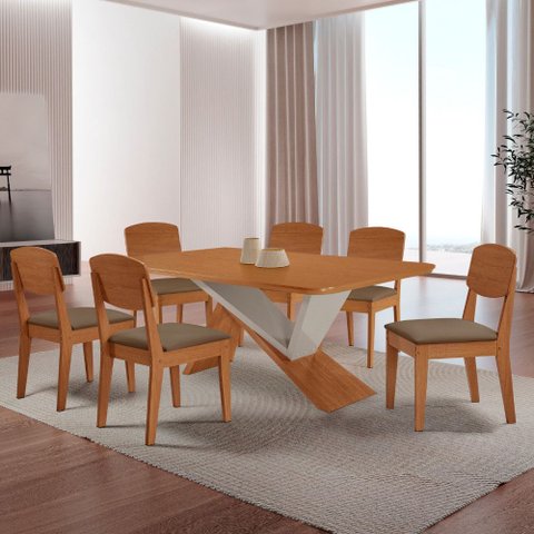 Mesa de Jantar Yasmin 180 Tampo Mdf Laminado Canto Copo e 6 Cadeiras Copper