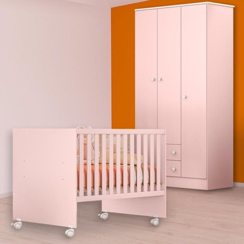Conjunto Berço Reto e Guarda Roupa Rosa