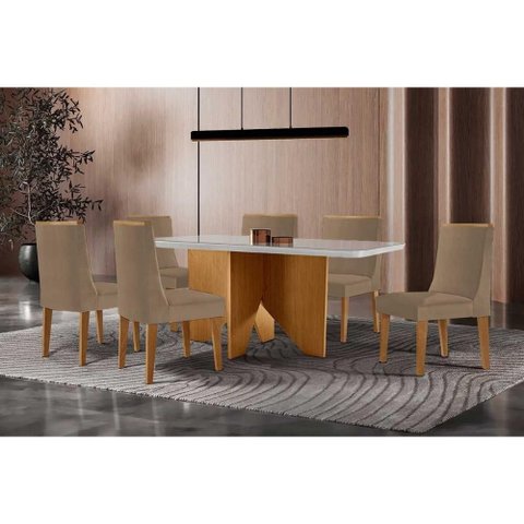 Conjunto: Mesa de Cozinha Nevada Curvo 180cm + 6 Cadeiras Dakota Madeira Naturale/Off White -