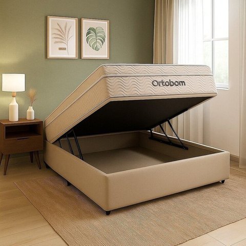 Conjunto Cama Box Baú Casal e Colchão Ortobom Airtech Molas Ensacadas Bege
