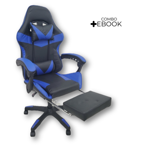 Cadeira Gamer Stillus Ergonômica com Apoio para Os Pés - Azul - 1 + E-book
