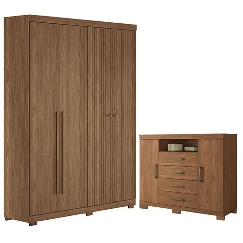Guarda Roupa Casal Ripado 4 Portas Buriti com Pés e Cômoda Havana Master com Pés Jatobá Acetinado - 