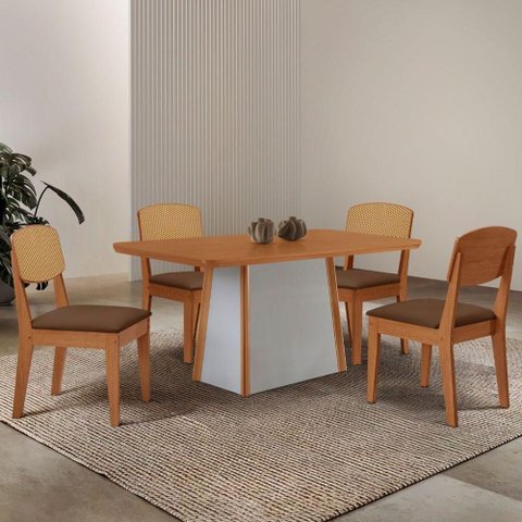 Mesa Jantar Diane 120cm Tampo MDF Lam 4 Cadeiras Copper Pre Moderna Veludo Marrom Naturalle Off