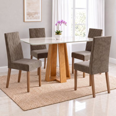 Conjunto Sala de Jantar Mesa Lisa 120cm Tampo MDF Vidro Canto Arredondado 4 Cadeiras Maitê