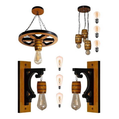 Kit 4 Luminárias Arandelas Barril e Pendentes Rústicos de Madeira Maciça - Cerejeira + Lâmpadas