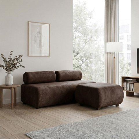 Sofá 3 Lugares e Puff para Sala Orgânico Nara Base Fixa Suede D03 - D'Rossi