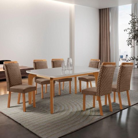 Mesa de Jantar Liz 6 Lugares Retangular MDF com Vidro 180cm Off White Moderna