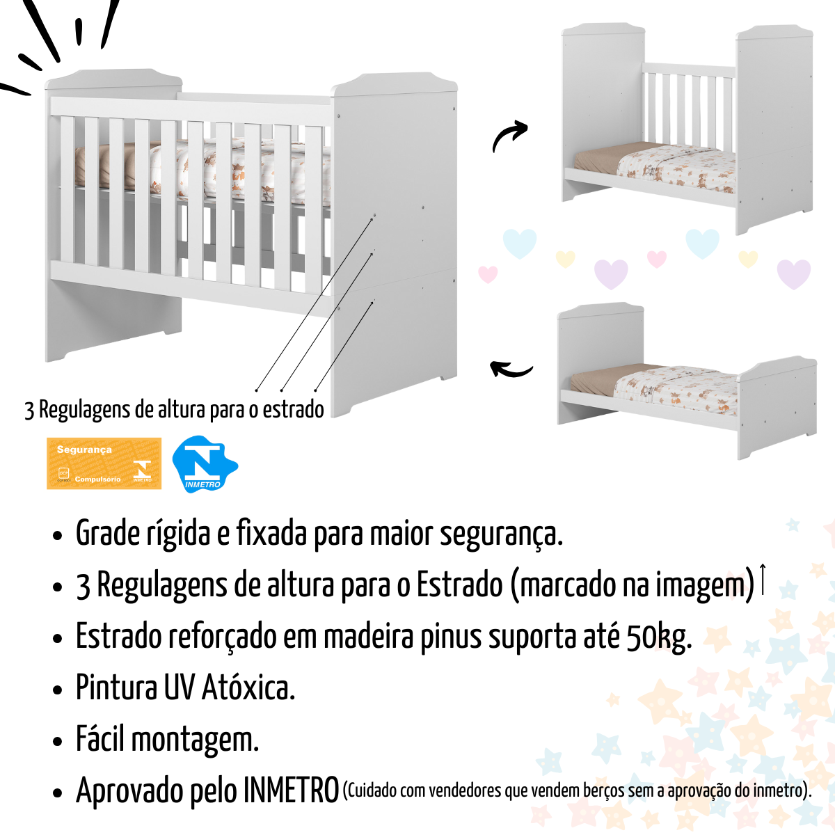 Berço Americano 3 em 1 para Colchão 70x130cm com Grade | MadeiraMadeira