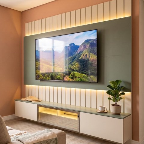 Estante Home Theater para TV até 115 Polegadas 3 Portas com LED, Vidro Reflecta e Ripado 260x251,5cm