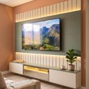 Ver imagem 1 de Estante Home Theater para TV até 115 Polegadas 3 Portas com LED, Vidro Reflecta e Ripado 260x251,5cm