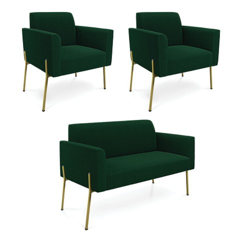 Namoradeira e 2 Poltronas Pé Ferro Dourado Marisa Bouclê Verde D03 - D’Rossi