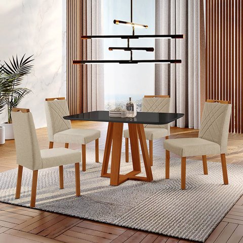 Conjunto Sala de Jantar Mesa Floripa Madeira Maciça 120x80cm Tampo Retângular Vidro Preto com 4 Cade