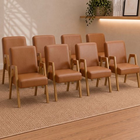 Kit 8 Cadeiras com Braço para Sala de Jantar com Pés Madeira Maciça Isis