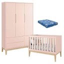 Ver imagem 1 de Berço Americano com Colchão e Guarda Roupa Classic 3 Portas Rosa Pés Madeira Natural - Reller