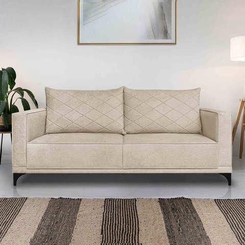 Sofá Living 2 Lugares com Pés de Ferro Almofadas Soltas 180cm Neso Bouclê Bege G63 - Gran Belo